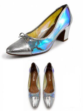L'INTERVALLE Iridescent Block Heel Pumps Silver Holographic Bow Size 7